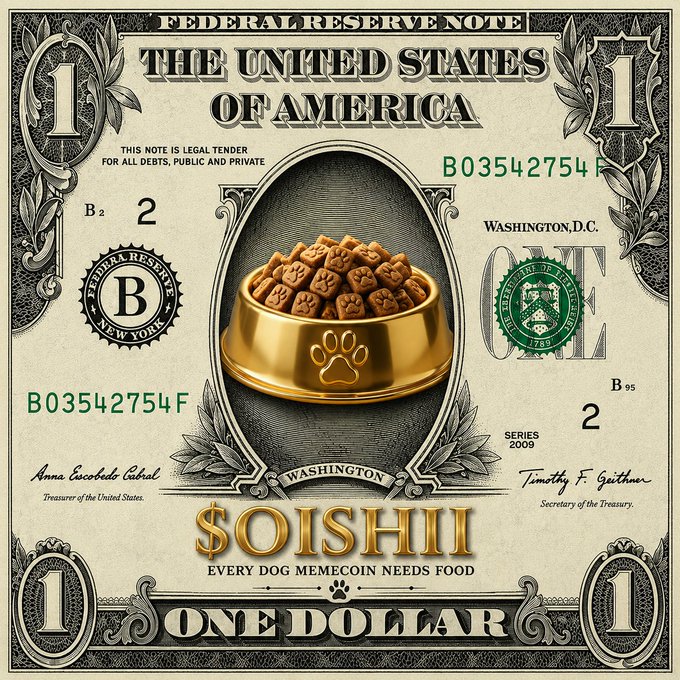 A parody of a US one-dollar bill featuring a golden dog food bowl filled with kibble in the center where Washington's portrait would be, with text 'SOISHII' and 'EVERY DOG MEMECOIN NEEDS FOOD'.