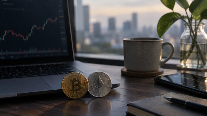 A wooden desk displays physical Bitcoin and Ethereum coins next to a laptop showing cryptocurrency price charts, alongside a coffee mug, smartphone, and a plant with a city skyline visible through a window.