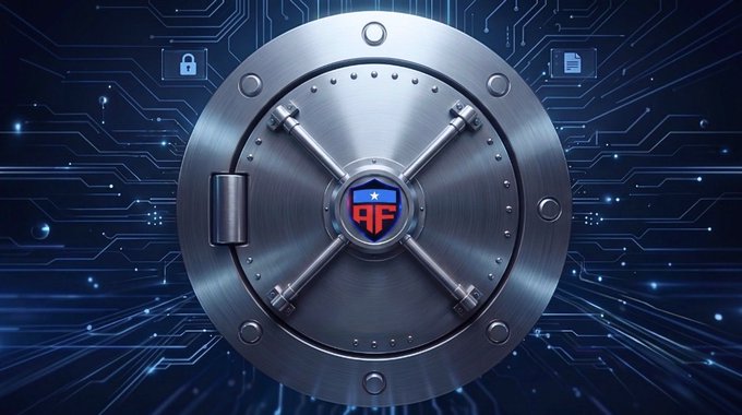 A large silver bank vault door with a red and blue logo stands against a dark blue background featuring digital circuit patterns and floating lock icons.