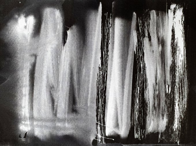 The image features a black and white painting with vertical lines that appear to be made of ink. The painting has a rough texture, giving it an artistic feel. The artist's signature can be seen at the bottom right corner of the artwork. The post is titled "Good morning! Thank' s so much @_6ENERATOR for collecting Reflet 2!".