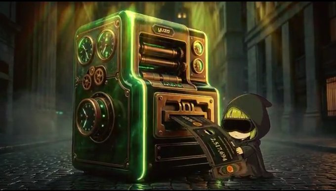 A 3D-rendered illustration shows a green and gold slot machine labeled 'YURA' dispensing a cash bill, accompanied by a small hooded creature in a dark, atmospheric setting.