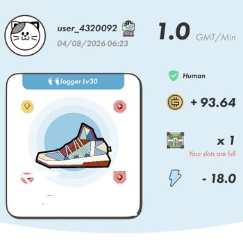The image shows a STEPN sneaker NFT (Jogger Lv30, Mint 1.0) that belongs to user_4320092, with stats showing +93.64 GST/Min earned, though energy is depleted (-18.0 GGT) since slots are full. The post mentions using HEAL3 and STEPN, with invite codes shared, aligning with the displayed sneaker stats reflecting that day's movement and energy expenditure.