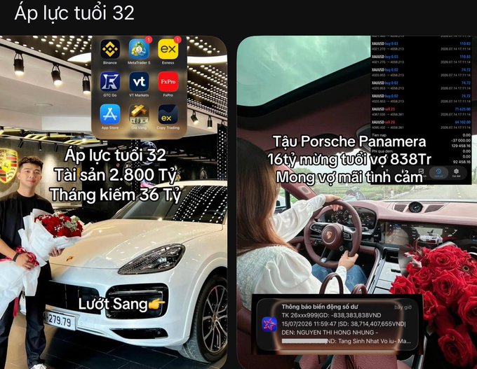 Vietnamese meme-style image showing a young man with a Porsche and iPhone apps ("Áp lực tuổi 32 / Tài sản 2.800 Tỷ / Tháng kiếm 36 Tỷ") alongside a woman in a Porsche Panamera with the text "Tàu Porsche Panamera 16tỷ mừng tuổi vợ 838Tr" and XAG/USD trading data.