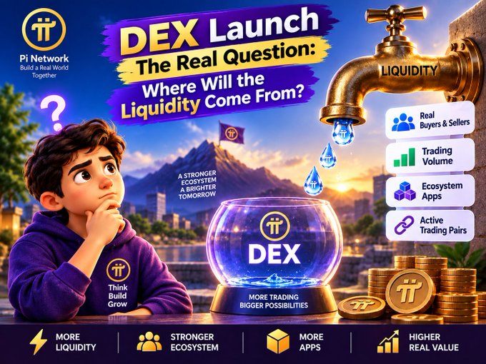 A Pi Network promotional graphic asking 'DEX Launch - The Real Question: Where Will the Liquidity Come From?' featuring a young man, a DEX globe, and sources of liquidity like Real Buyers & Sellers, Trading Volume, Ecosystem Apps, and Active Trading Pairs.