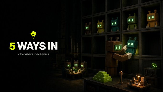 A dark promotional graphic titled '5 WAYS IN' by 'vibe vibers mechanics' featuring small boxy robots with glowing green eyes on shelves.