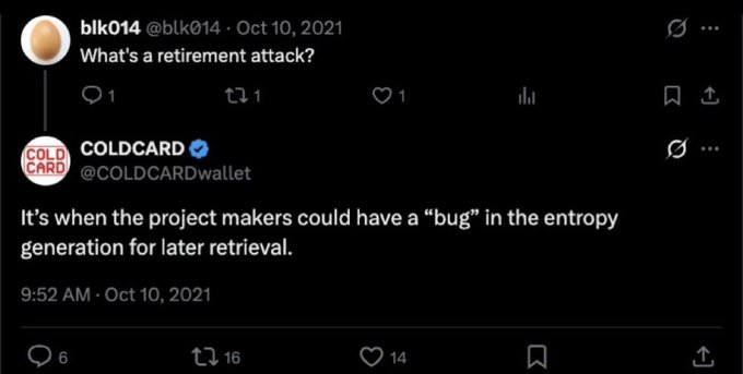 A Twitter exchange where user blk014 asks 'What's a retirement attack?' and COLDCARDwallet replies: 'It's when the project makers could have a "bug" in the entropy generation for later retrieval.'