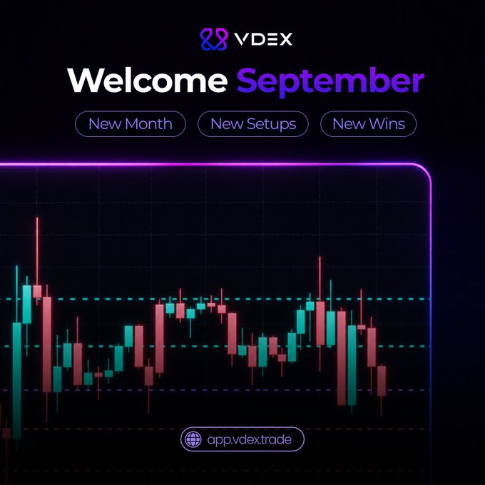 A promotional graphic for VDEX trading platform reads 'Welcome September' with tags 'New Month', 'New Setups', 'New Wins' displayed above a candlestick chart and the link 'app.vdex.trade'.