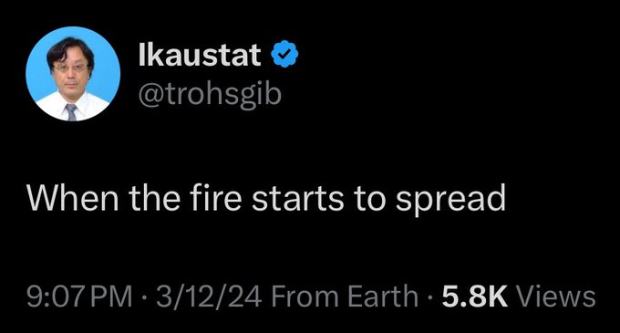 A tweet from verified user @lkaustat (display name "lkaustat") featuring a profile photo of an Asian man in a suit reads "When the fire starts to spread," posted at 9:07 PM on 3/12/24 with 5.8K views. The post relates to a bullish sentiment about XRP reaching all-time highs rapidly, suggesting FOMO (fear of missing out) will spread quickly among investors once the price breaks records.