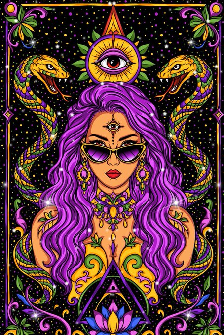 Vibrant, psychedelic illustration of a woman with flowing purple hair wearing sunglasses, surrounded by two cobras, a mystical all-seeing eye symbol, and ornate floral patterns on a starry black background.