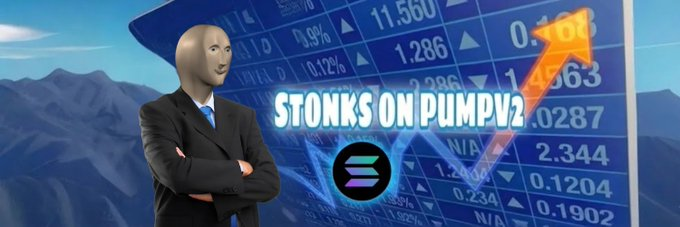 The image features a man dressed in a suit standing next to a blue mountain range with an upward-pointing arrow, which appears to be a meme or advertisement related to Stocks On Pumpv2. The caption of the image reads "Stonks went to 200 Million MC last year and is one of the biggest memes of all time. There still haven'nt been a V2 runner for it which is very surprising considering its bigger than Wojak and Wojak on v2 went to 56 Million MC". This suggests that Stocks On Pumpv2 has gained significant popularity, with the man dressed in a suit being one of the most prominent figures associated with the meme.
