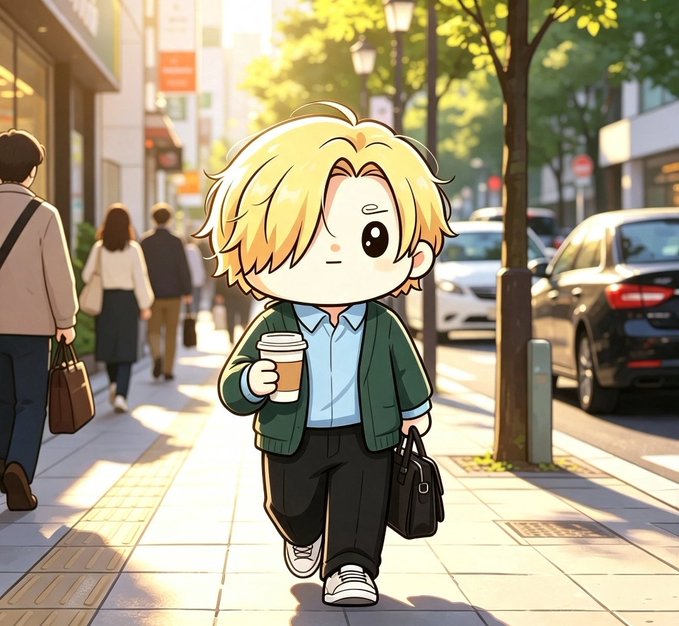 A chibi-style anime illustration of a blonde character in a green cardigan holding a coffee cup while walking down a city street.