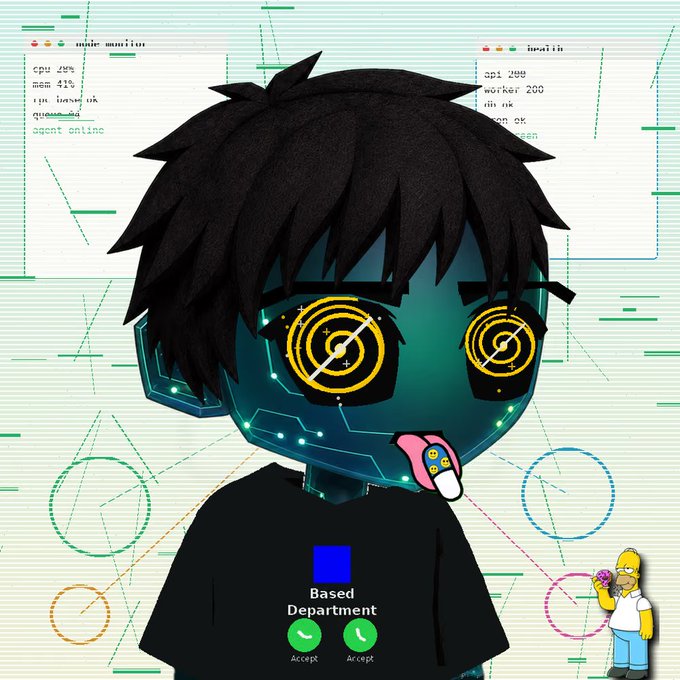 A stylized chibi robot character with black hair and glowing yellow target-pattern eyes sticks out a pink tongue. A phone call interface shows 'Based Department' with two 'Accept' buttons, while Homer Simpson holds a donut in the background corner.