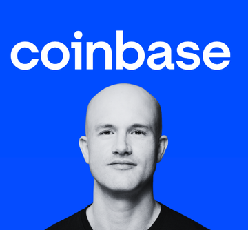 A black-and-white portrait of Coinbase co-founder and CEO Brian Armstrong is displayed below the white "coinbase" logo on a bright blue background, visually representing the company's announcement to open Bitcoin and crypto derivatives services to UK non-retail clients.