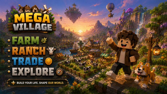 Promotional artwork for a game called 'MEGA VILLAGE' featuring features Farm, Ranch, Trade, and Explore, with the tagline 'BUILD YOUR LIFE. SHAPE OUR WORLD.'