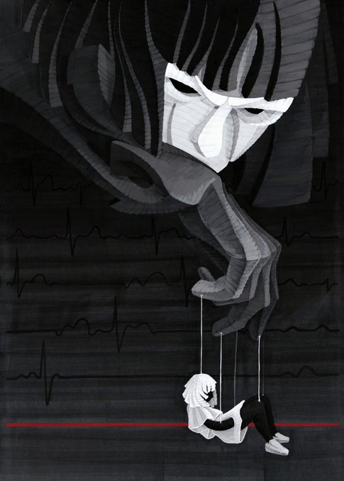 The image features a black and white illustration of a person's face, with their hand holding a puppet or doll that appears to be being controlled by an unseen force. The puppet is positioned above the viewer, creating a sense of tension and unease. The background of the image is dark and filled with lines, which further emphasizes the central figure - the puppet held by the hand. The caption below the illustration reads: "Thin Red Line Silence 10 xtz on @objktcom #tezostuesday".