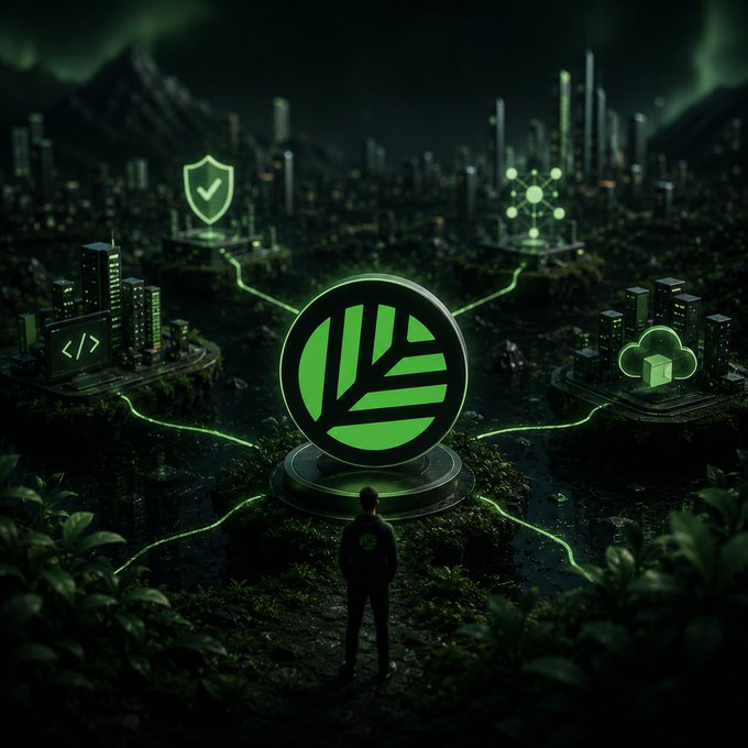 A lone figure stands before a glowing green node emblazoned with the Canopy (CNPY) leaf logo, which serves as the hub connecting a futuristic cityscape via illuminated pathways to icons representing security (shield), code development (</>), networking (molecular structure), and cloud infrastructure—visually mirroring Canopy's $8.5M raise aimed at simplifying appchain infrastructure.