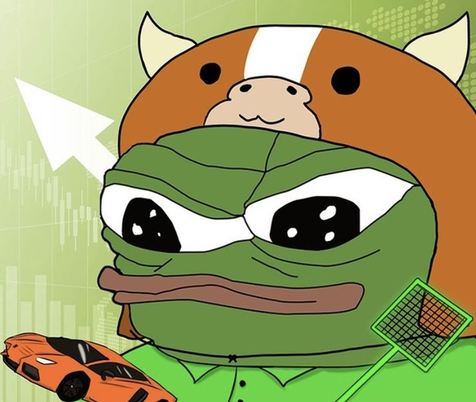A cartoon illustration depicts a green Pepe the Frog character wearing a brown cow hat, with a white arrow pointing upward, a green upward chart background, an orange sports car, and a net with a basketball.