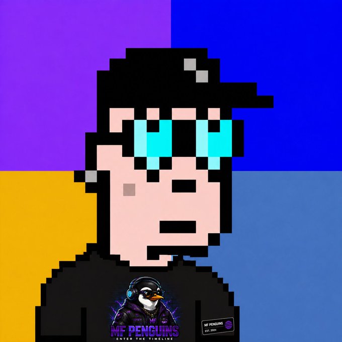A pixel art style illustration of a character wearing sunglasses and a cap against a four-color block background, featuring "MF PENGUINS" and "MF PENGUINS ENTER THE TIMELINE" logos.