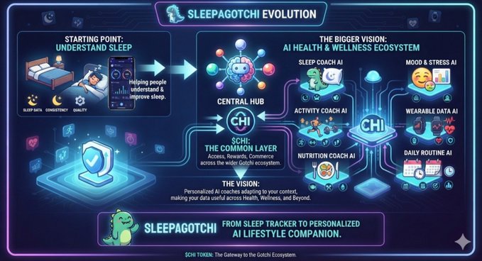 An infographic titled 'SLEEPAGOTCHI EVOLUTION' showing the expansion from a sleep tracker to a full AI Health & Wellness Ecosystem featuring central hub, sleep coach AI, mood & stress AI, and more.