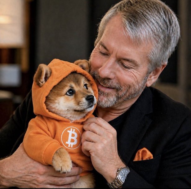 An older man with gray hair and a beard affectionately holds a Shiba Inu dog wearing an orange hoodie with a Bitcoin logo.