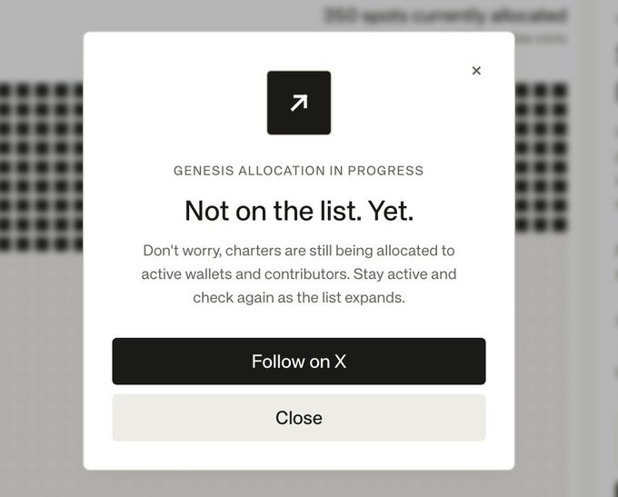 A pop-up window displays "GENESIS ALLOCATION IN PROGRESS" with the message "Not on the list. Yet," indicating the user hasn't been allocated for Standard Reserve's whitelist despite being active. It encourages remaining active and offers options to "Follow on X" or "Close," showing the user is pleading with others to vouch for them on Standard Reserve's whitelist.