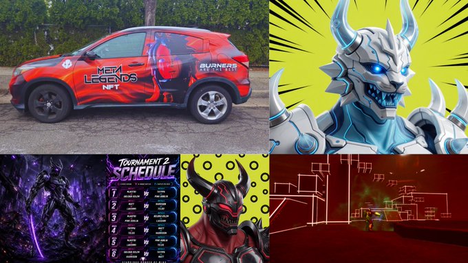 A four-panel image featuring a red 'Meta Legends NFT' car, a white and blue dragon-like creature, a 'Tournament 2 Schedule' with demonic figures, and a red neon-lit maze scene.