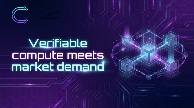 The image depicts an electronic device with a screen displaying a blue, purple, and neon color scheme against a dark purple background. The title of the post "Verifiable Compute Meets Market Demand" is prominently displayed above and below the device. Additionally, there are two small white text boxes located in the top right corner.