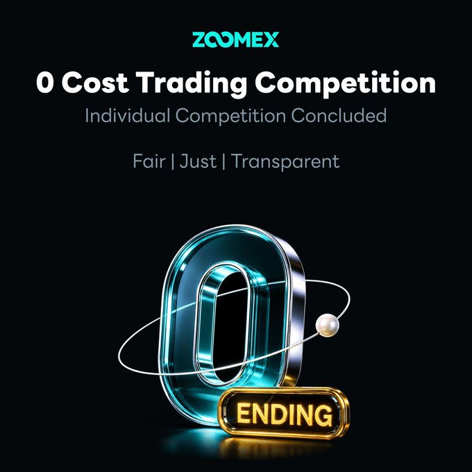The image features a black background with a large, shiny glass number "0" prominently displayed at the center. Below this, there's text that reads "0-Cost Trading Competition Individual competition concluded Fair/Just/Transparent". The numbers 0 and 1 are positioned on either side of the "0", creating a balanced composition. In the bottom right corner, there is an image of a gold number "1" with the word "ending" written below it in yellow text.