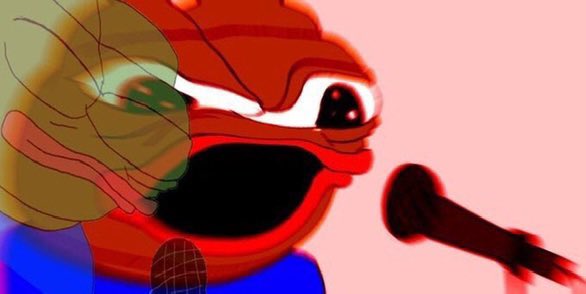 The image features a cartoon frog with red eyes, mouth, and face, sitting next to a microphone. The frog appears to be singing or speaking into the microphone, which is black and positioned above its head. The background of the image is pinkish-red in color, giving it an artistic and vibrant appearance. The caption below the image reads "lose this level and it' s LIGHTS OUT GUERILLA RADIO TURN THAT SHIT UP".