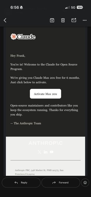 An email screenshot from Anthropic's Claude team addressed to 'Frank', offering 6 months of free Claude Max 20x access for open-source contributors, with an 'Activate Max 20x' button.