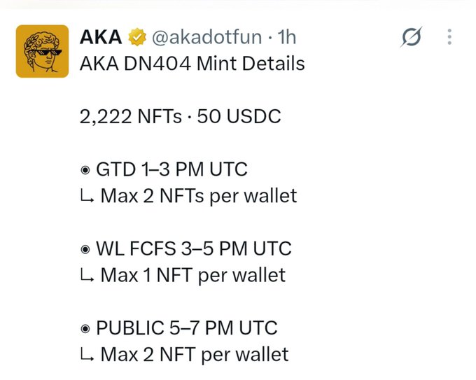 A tweet from AKA (@akadotfun) announcing mint details for the "AKA DN404" collection, revealing a $50 USDC price point for 2,222 NFTs across three phases: GTD (1-3 PM UTC, max 2 per wallet), WL FCFS (3-5 PM UTC, max 1 per wallet), and Public (5-7 PM UTC, max 2 per wallet). The post's shock and skepticism over the high mint price is directly supported by the image, which confirms the $50 USDC cost and the limited supply of 2,222 NFTs—details that explain the commenters' frustration and curiosity about the project's floor price potential.