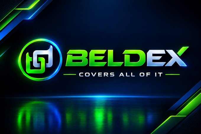 A vibrant logo graphic for 'BELDEX' with the text 'COVERS ALL OF IT' below it, featuring green and blue neon lighting effects against a dark background.