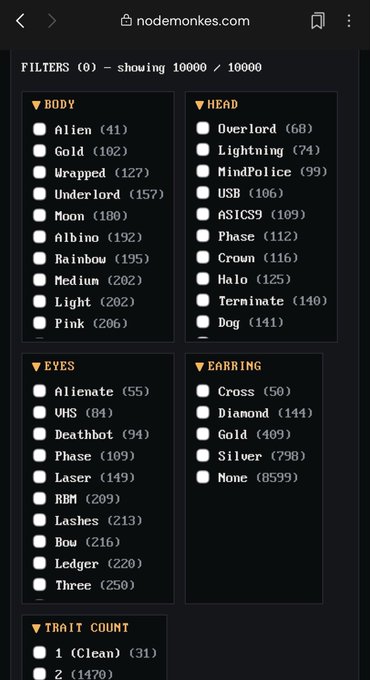 A screenshot of nodemonkes.com showing filter options for traits including Body (Alien, Gold, Wrapped), Head (Overlord, Lightning, MindPolice), Eyes (Alienate, VHS, Deathbot), Earring (Cross, Diamond, Gold, Silver), and Trait Count.