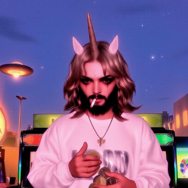 A surreal edited image features a person with a unicorn horn, cat ears, and a beard, wearing a white sweatshirt, smoking a cigarette, and holding coins in front of an arcade machine.