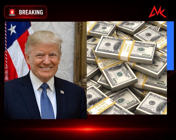A news-style graphic featuring a portrait of Donald Trump next to stacks of $10,000 bills, topped with a "BREAKING" banner. The image serves as a visual metaphor for the massive financial losses described in the accompanying text regarding the $TRUMP memecoin.