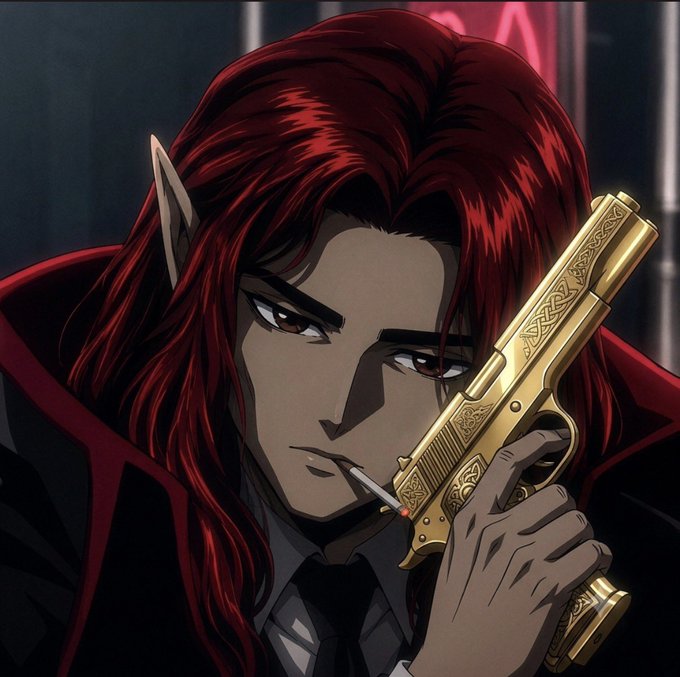A red-haired anime character with pointed ears holds an ornately engraved golden pistol to his face while smoking a cigarette, projecting a calm, unbothered intensity. The image's aura of cool confidence and fearlessness mirrors the poster's mindset of embracing high-conviction risk rather than missing out.