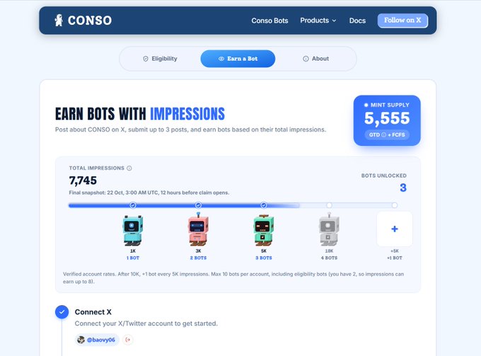 Screenshot of the CONSO platform interface showing an 'Earn a Bot' feature with impression-based rewards, including tiers at 1K, 3K, 5K, and 15K impressions.