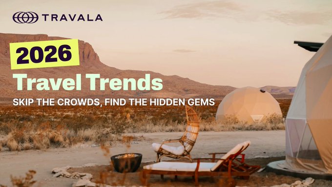 A Travala travel graphic titled '2026 Travel Trends - Skip the Crowds, Find the Hidden Gems' shows a desert glamping scene.