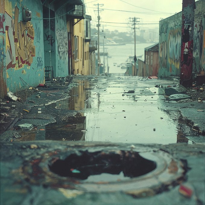 A gritty urban alleyway with graffiti-covered walls, puddles of water on the ground, and a large pothole in the foreground leading down toward a waterfront in the distance.