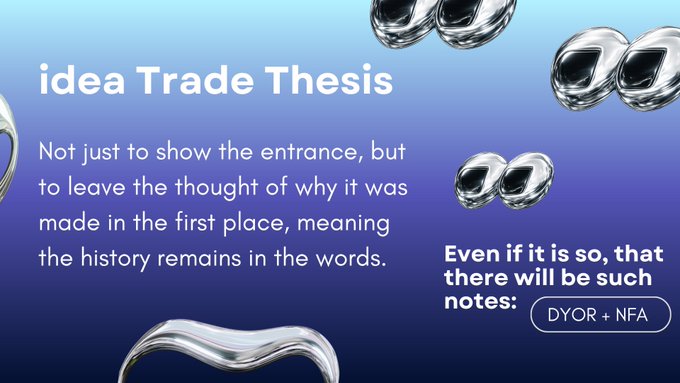 A graphic with a blue gradient background reads 'idea Trade Thesis' along with the text 'Not just to show the entrance, but to leave the thought of why it was made in the first place, meaning the history remains in the words.' and 'Even if it is so, that there will be such notes: DYOR + NFA'.