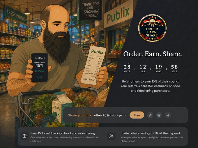 The image features a man holding up two items - a cell phone and some groceries. The man has a beard and appears to be balding. He is standing next to a shopping cart filled with various food items, including bananas. The background of the image shows a store setting with shelves stocked full of products.