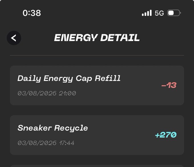 A mobile app screenshot showing an 'ENERGY DETAIL' screen on a dark background, listing a 'Daily Energy Cap Refill' with -13 points and a 'Sneaker Recycle' action that earned +270 points.