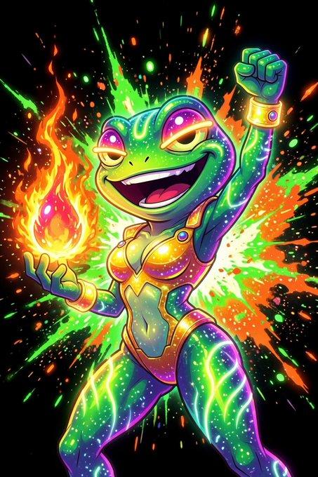 A vibrant illustration features a green frog-like humanoid character in golden armor, holding a flame in one hand with a raised fist, set against a colorful cosmic background.