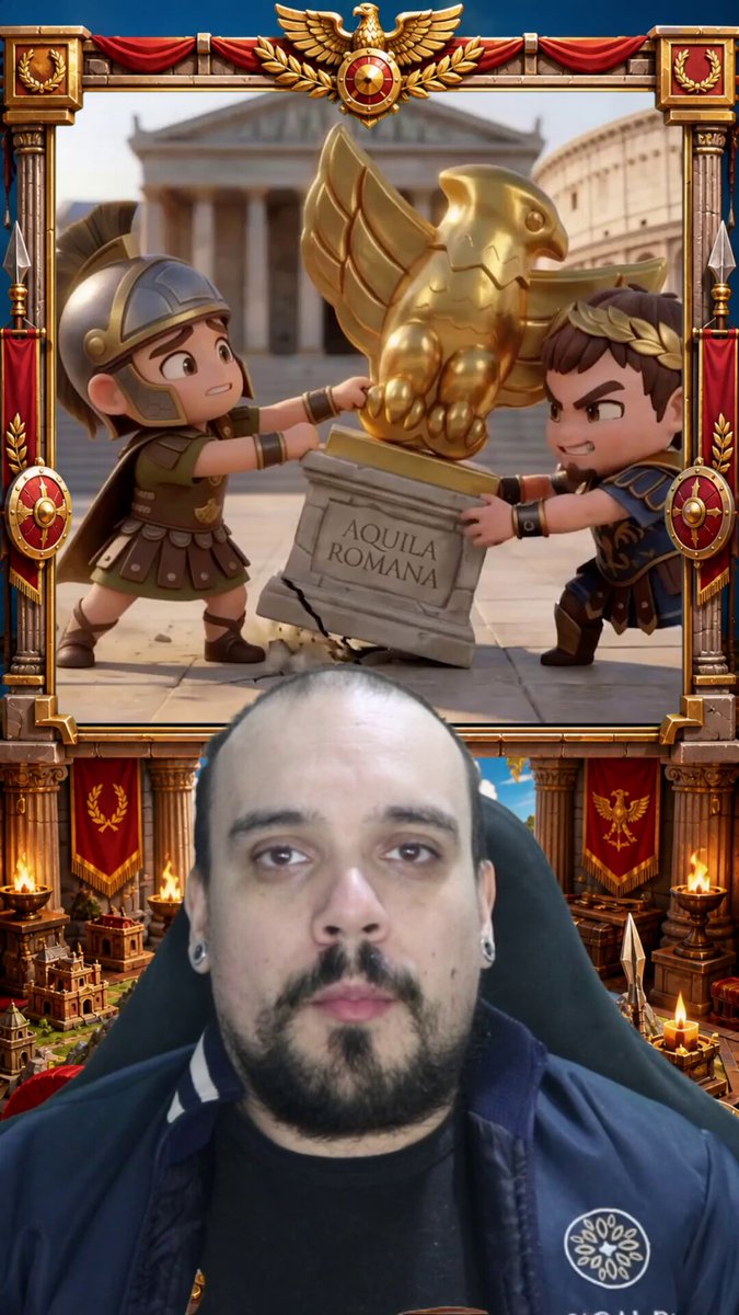 The image features a man with a beard wearing a blue jacket, sitting behind a poster of two boys fighting over a golden statue. The poster also includes a plaque that reads "Pocket Legends Lança dia 18 de junho. E o pré-registro libera um pacote gratuito de US$15 em itens: ... [construção, pesquisa e melhorias] No vídeo: 4 motivos pra fazer o pré-registro." The man is sitting in a chair and appears to be the main subject of the image.