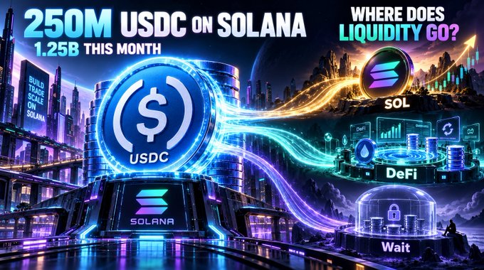 A vibrant crypto promotional graphic headlined '250M USDC ON SOLANA, 1.25B THIS MONTH' and 'WHERE DOES LIQUIDITY GO?' featuring USDC, Solana (SOL), and DeFi logos with futuristic digital city visuals.