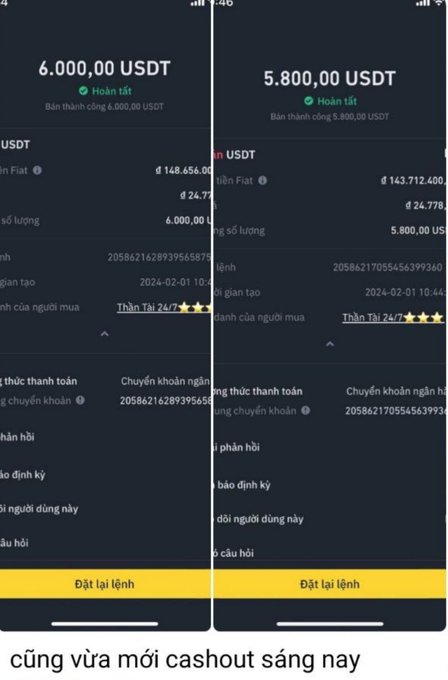 Two side-by-side Binance order screenshots showing successful USDT sells of 6,000.00 USDT and 5,800.00 USDT at fiat rates, with Vietnamese caption "cũng vừa mới cashout sáng nay" (also just cashed out this morning).