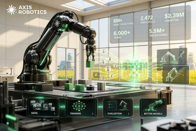 A futuristic industrial scene showcasing an 'AXIS ROBOTICS' robotic arm with overlay statistics (6M+ trajectories, 2,472 participants, 6,000+ tasks, $2.39M committed, 5.5M+ trajectories) and a workflow menu (Data, Training, Evaluation, Better Models).