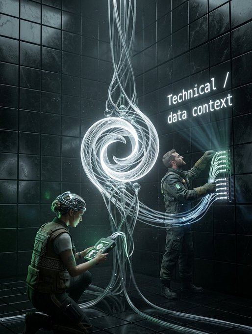 A digital artwork showing a man and a woman in a futuristic dark setting, with the man interacting with a glowing data panel and a swirling energy structure labeled 'Technical / data context' between them.