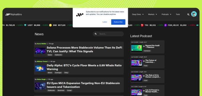 The screenshot shows AlphaWire News with a headline reading "Solana Processes More Stablecoin Volume Than Its DeFi TVL Can Justify: What This Signals," directly supporting the post's observation that Solana's network activity extends beyond traditional DeFi metrics into payment and settlement use cases.