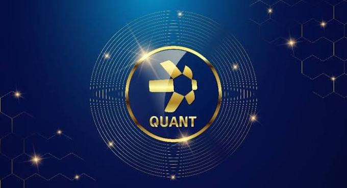 Digital promotional graphic for 'QUANT' cryptocurrency featuring a gold circular emblem with an 'X' logo design against a dark blue background with hexagonal patterns and glowing light effects.